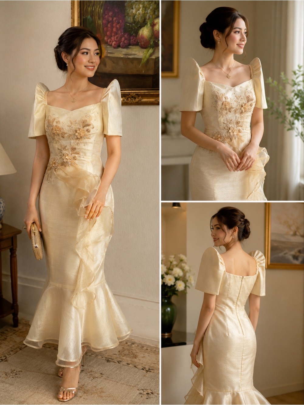 Elegant Filipiniana Cream Mermaid Evening Dress with Puff Sleeves